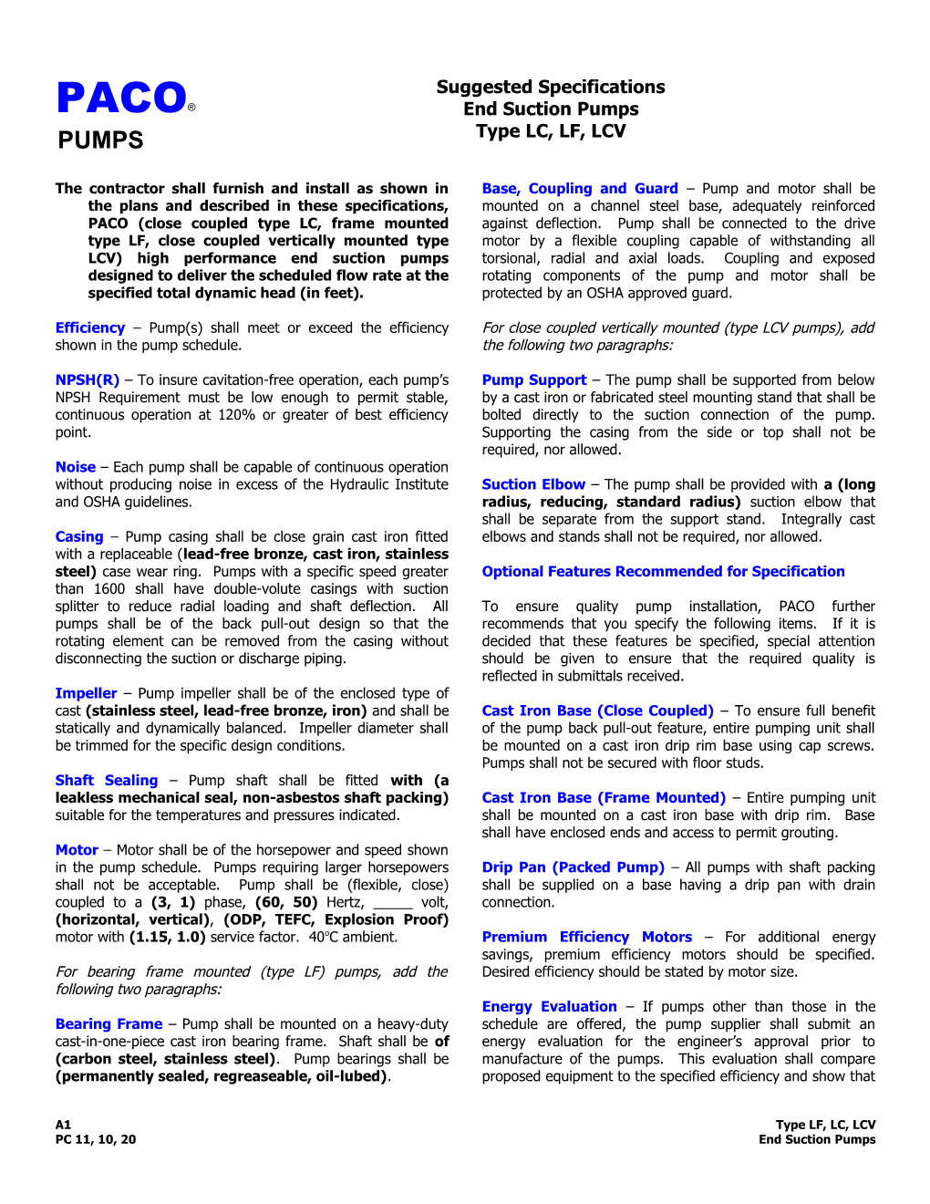 Suggested Specifications For PACO End Suction Pumps – Type LC, LF, LCV