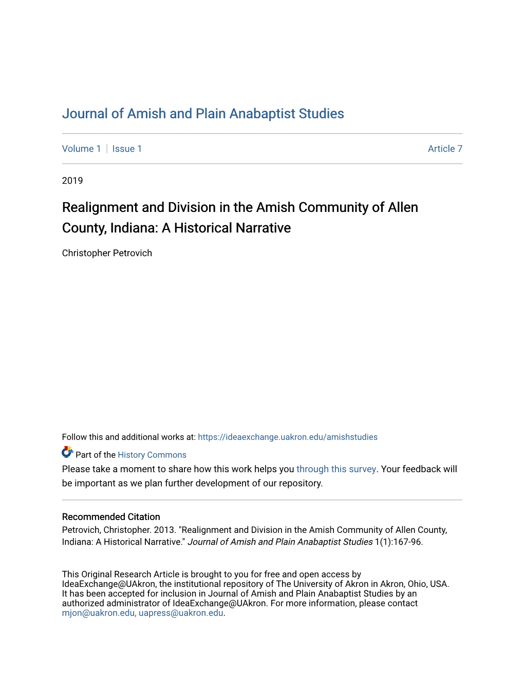 Realignment and Division in the Amish Community of Allen County, Indiana: a Historical Narrative