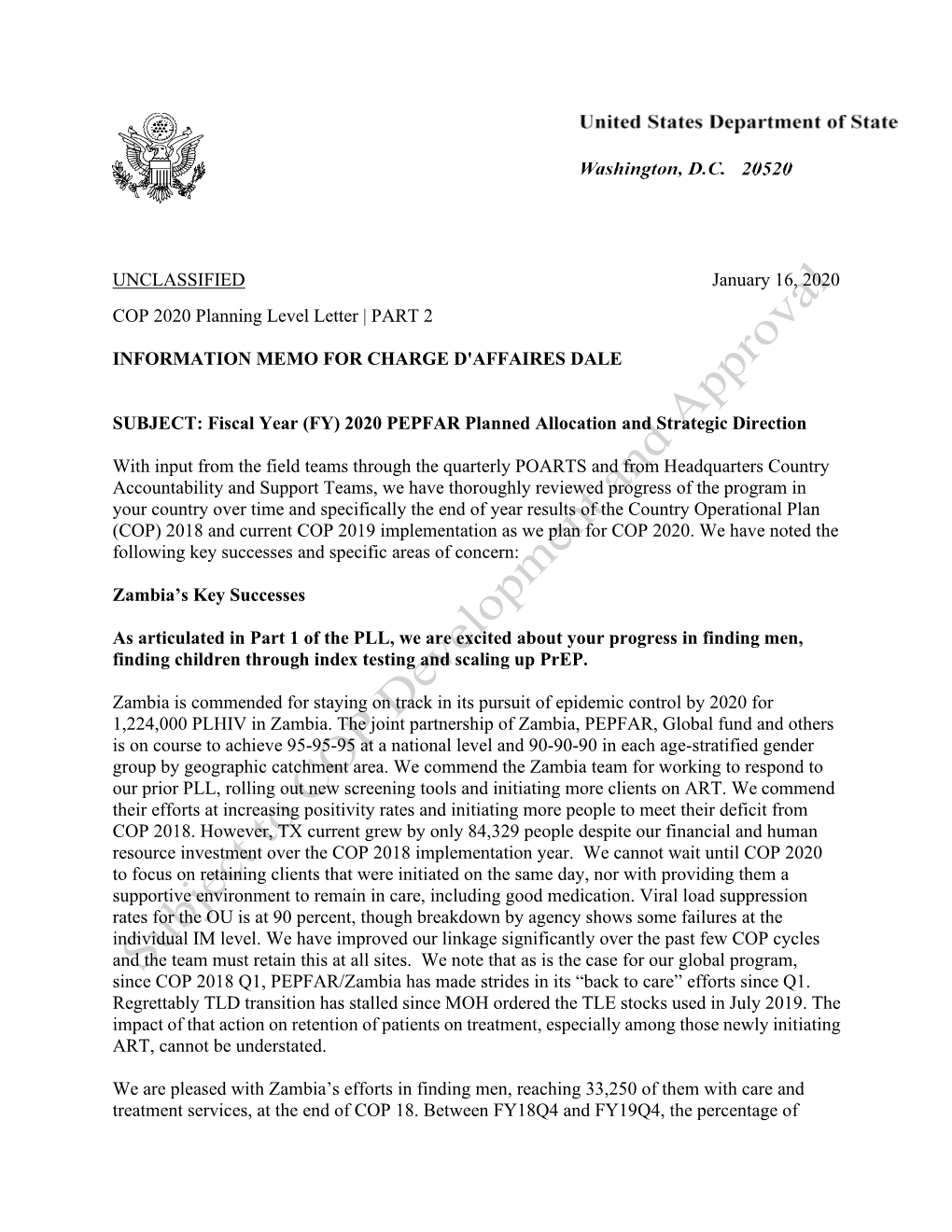 UNCLASSIFIED January 16, 2020 COP 2020 Planning Level Letter | PART 2 INFORMATION MEMO for CHARGE D'affaires DALE SUBJECT: F