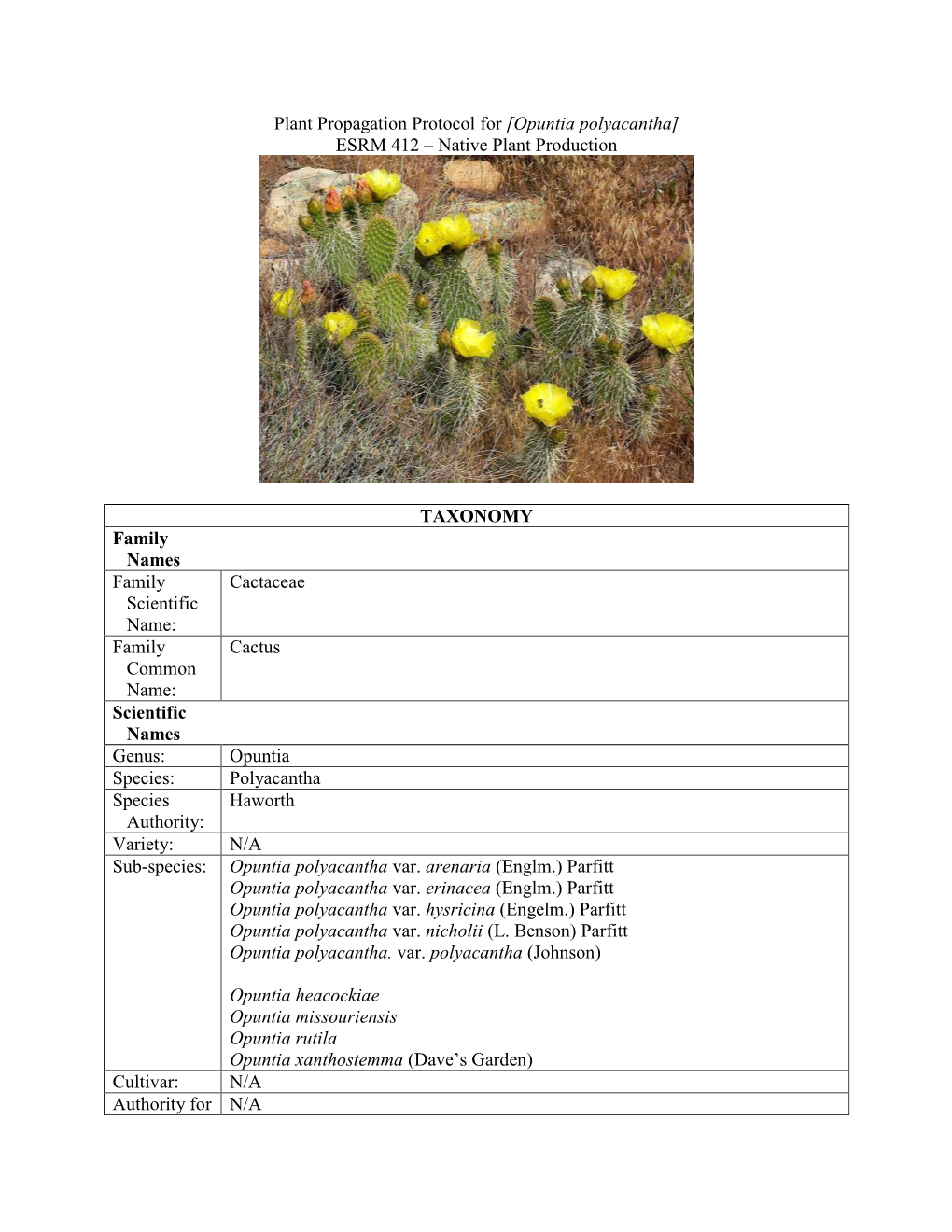 Plant Propagation Protocol for [Opuntia Polyacantha] ESRM 412 – Native Plant Production