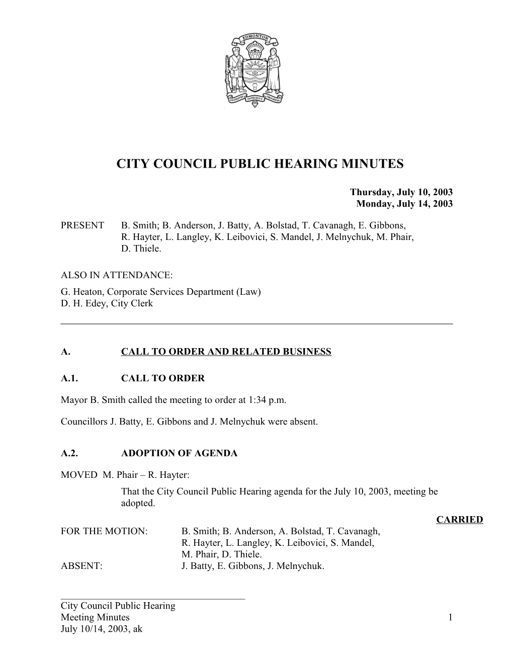 Minutes for City Council July 10, 2003 Meeting