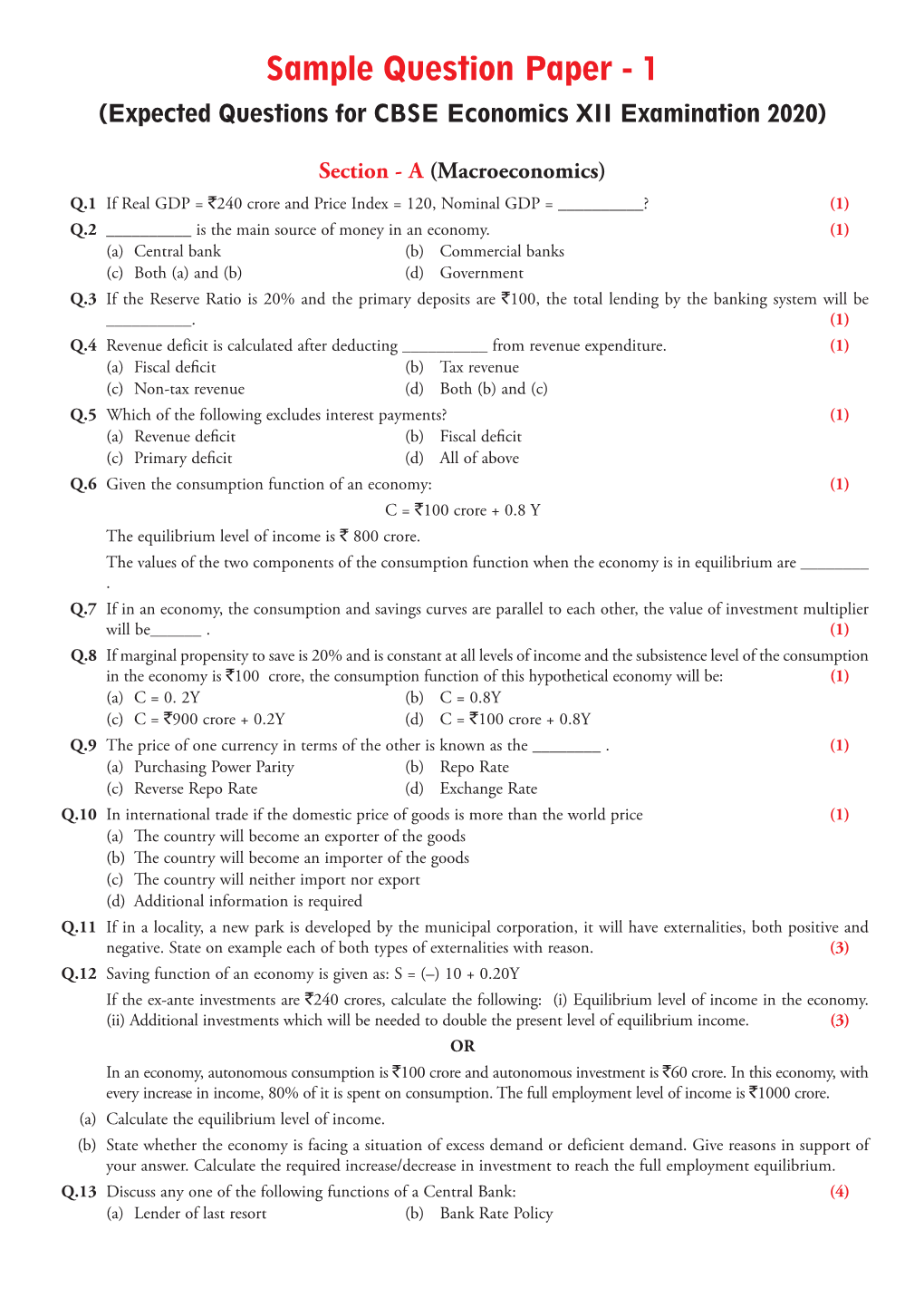 Sample Question Paper - 1 (Expected Questions for CBSE Economics XII Examination 2020)