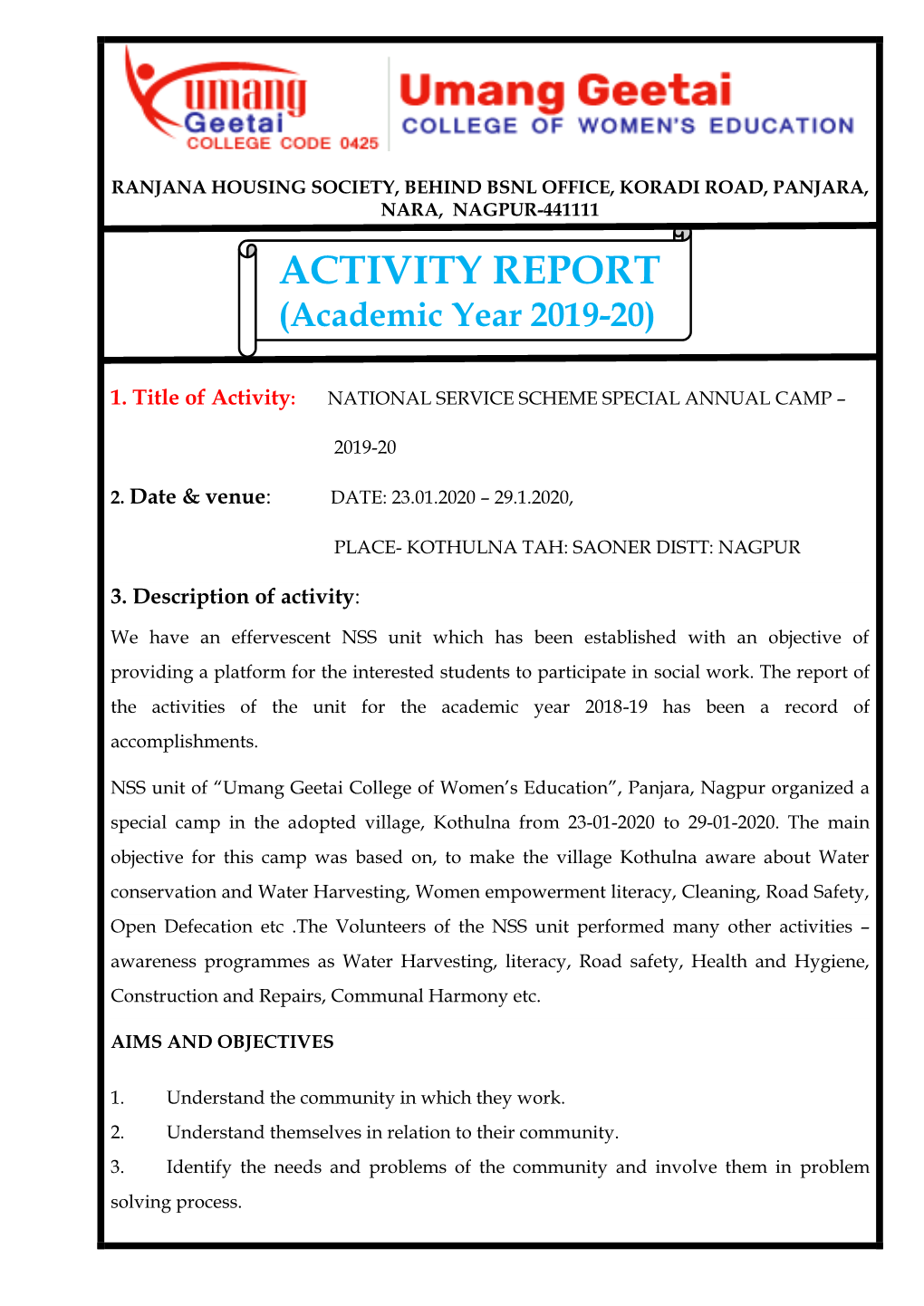 ACTIVITY REPORT (Academic Year 2019-20)