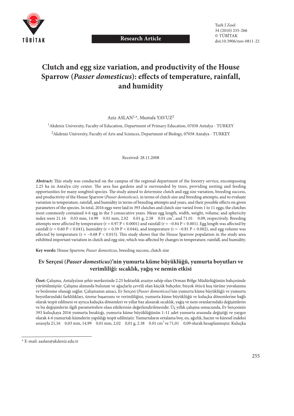 Passer Domesticus): Effects of Temperature, Rainfall, and Humidity