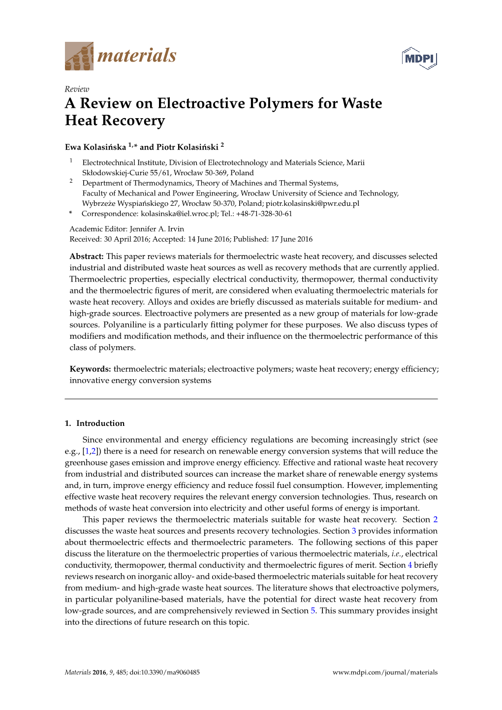 A Review on Electroactive Polymers for Waste Heat Recovery