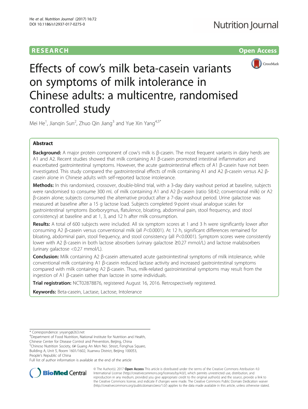 Effects of Cow's Milk Beta-Casein Variants on Symptoms of Milk