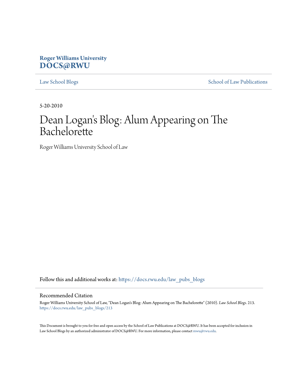 Dean Logan's Blog: Alum Appearing on the Bachelorette Roger Williams University School of Law