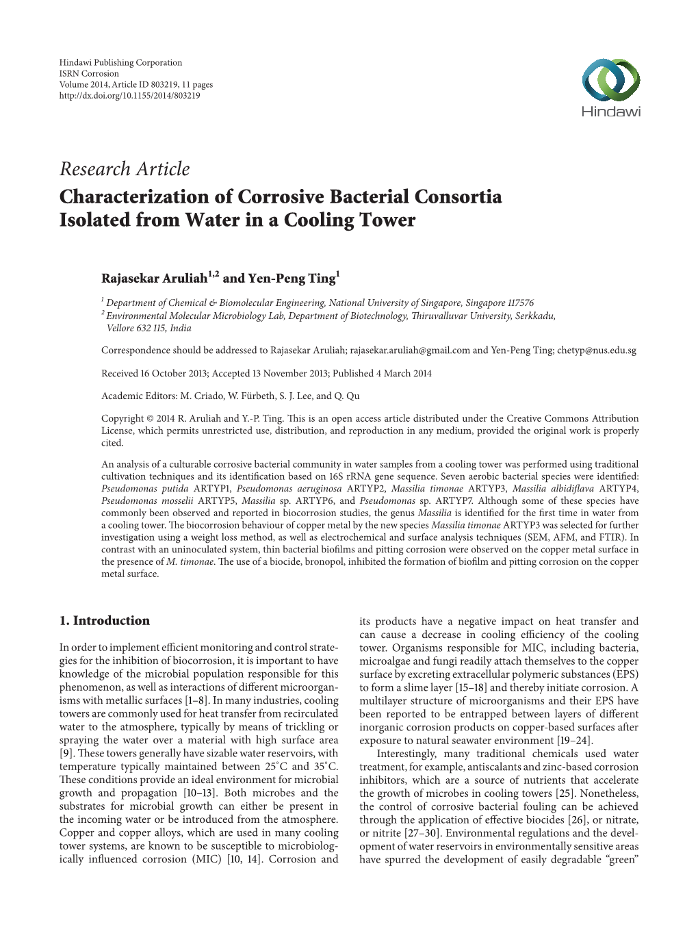 Characterization of Corrosive Bacterial Consortia Isolated from Water in a Cooling Tower
