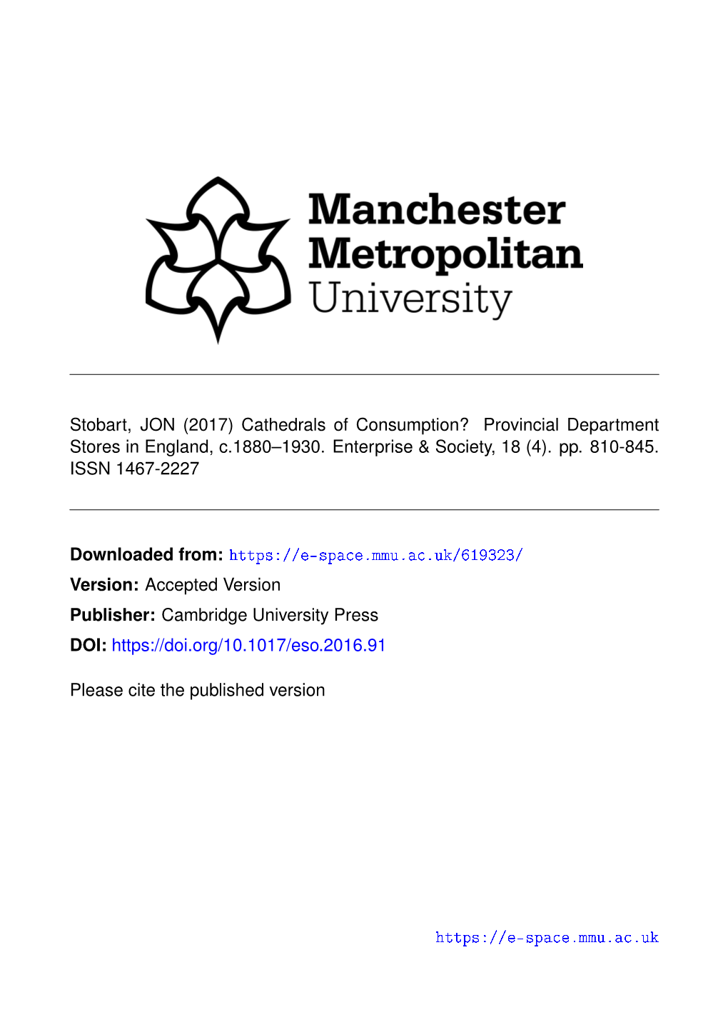 Cathedrals of Consumption? Provincial Department Stores in England, C.1880–1930