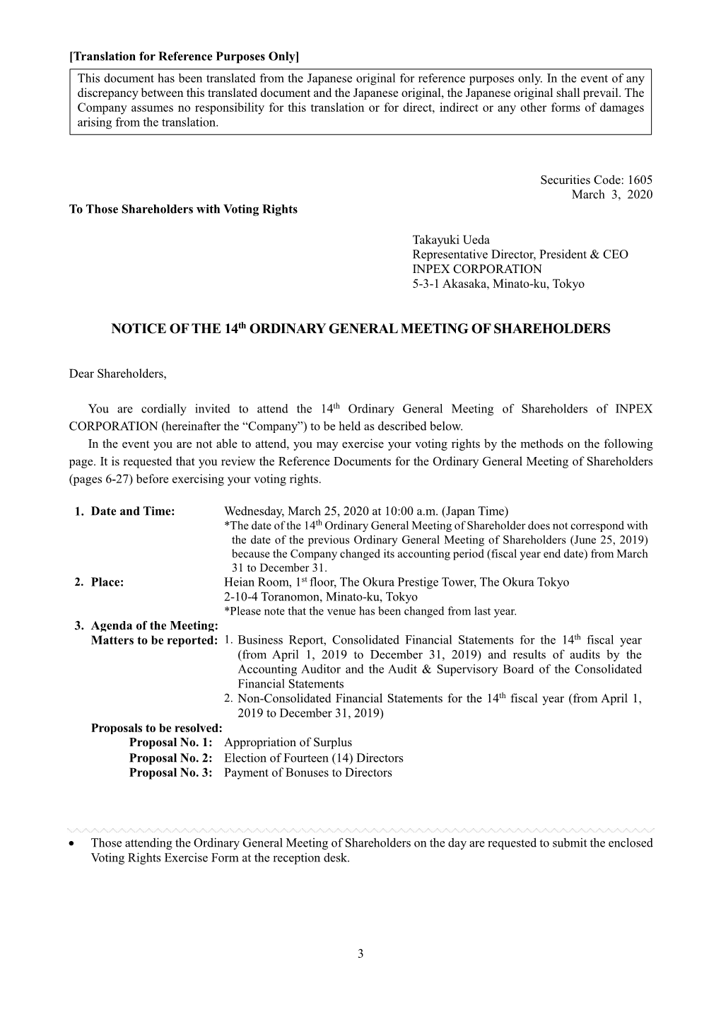 NOTICE of the 14Th ORDINARY GENERAL MEETING of SHAREHOLDERS