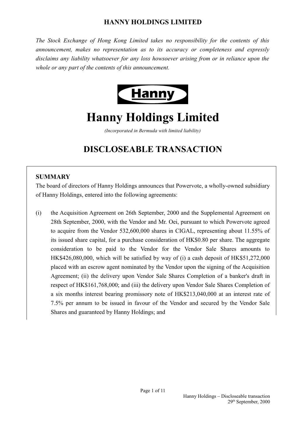 HANNY HOLDINGS 0275 - Announcement & Resumption of Trading