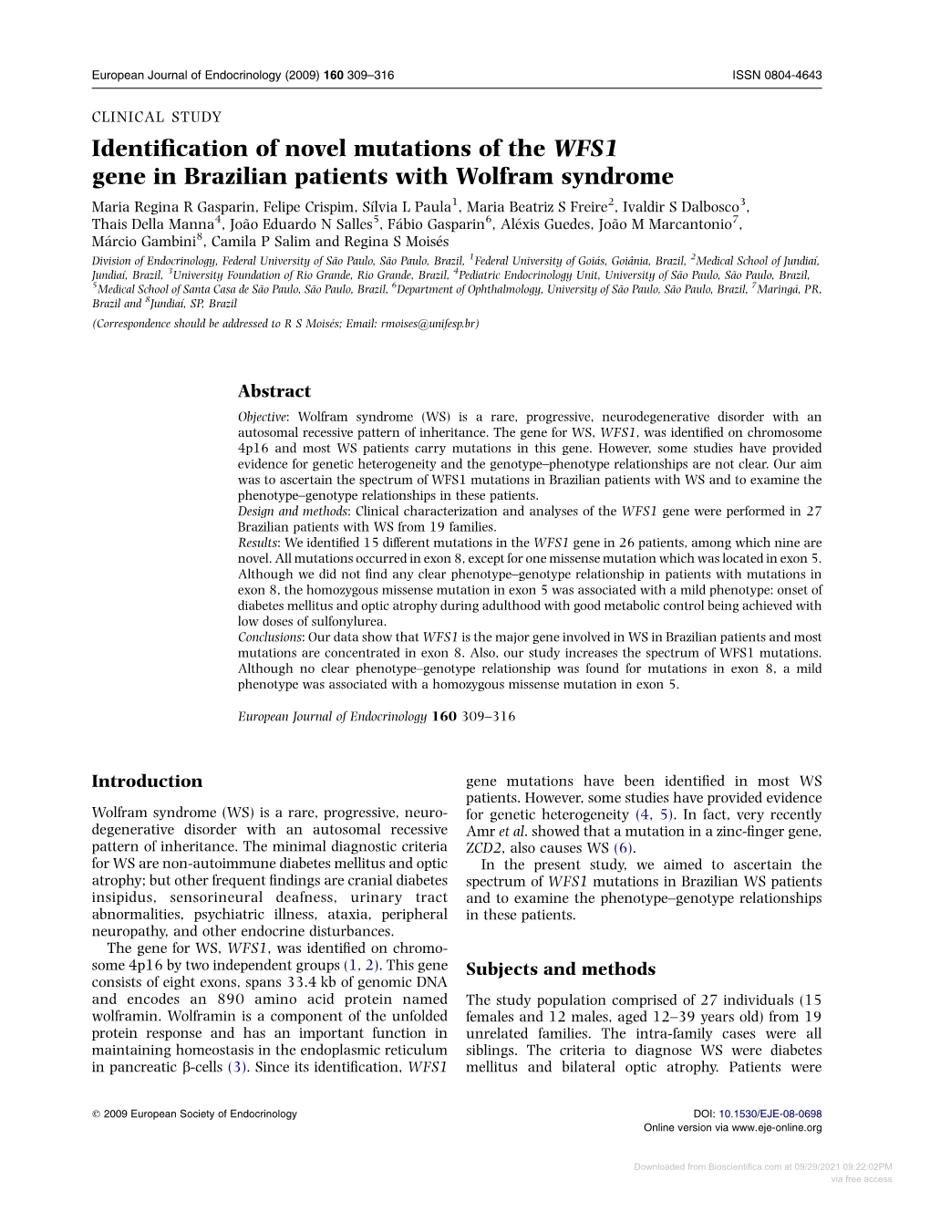 Identification of Novel Mutations of the WFS1 Gene in Brazilian Patients with Wolfram Syndrome