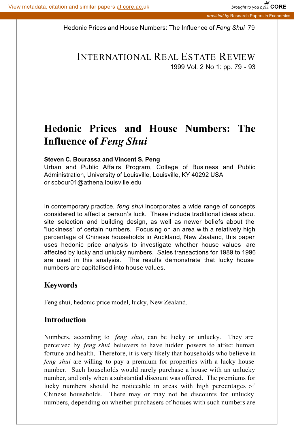 Hedonic Prices and House Numbers: the Influence of Feng Shui 79