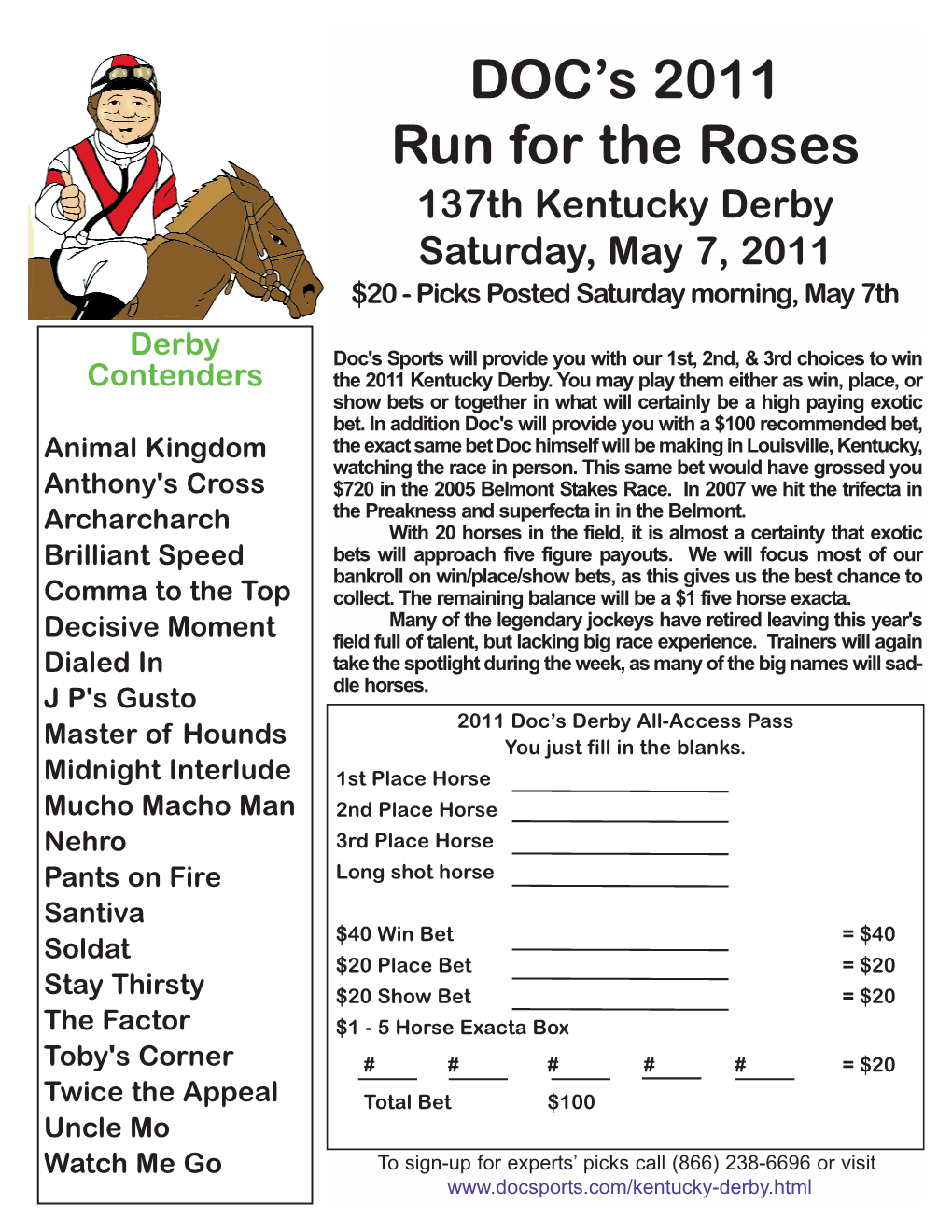 2011 Doc's Kentucky Derby Picks Sheet