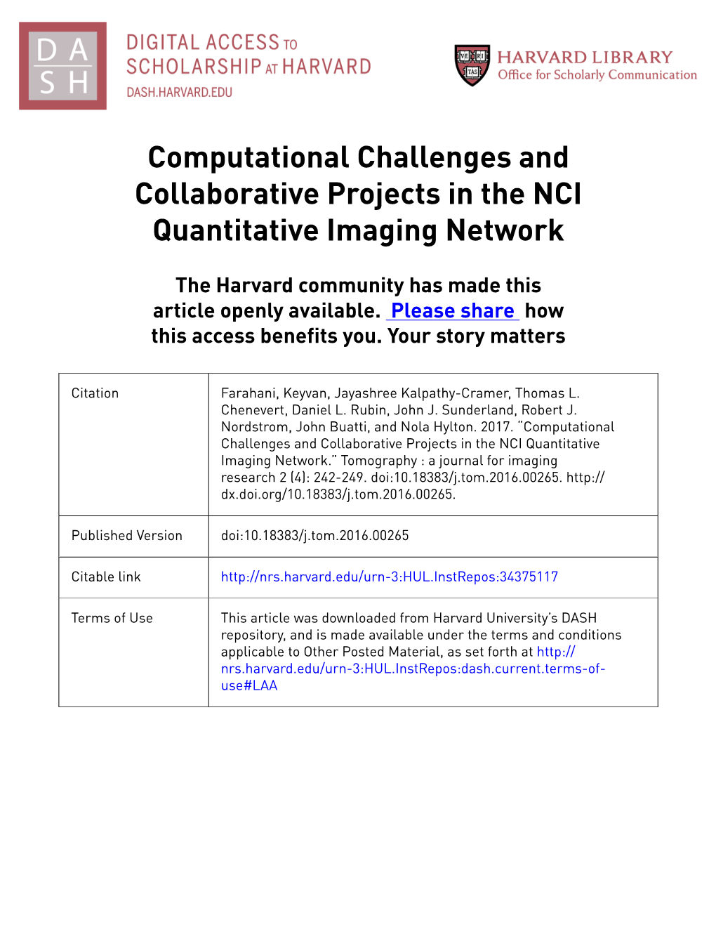 Computational Challenges and Collaborative Projects in the NCI Quantitative Imaging Network