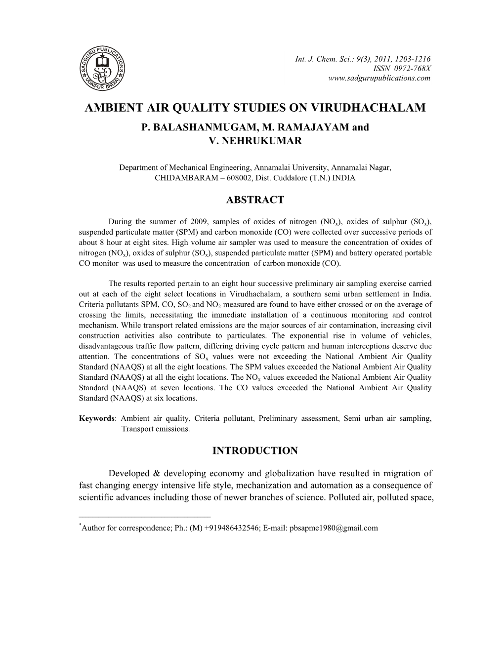 Ambient Air Quality Studies on Virudhachalam P