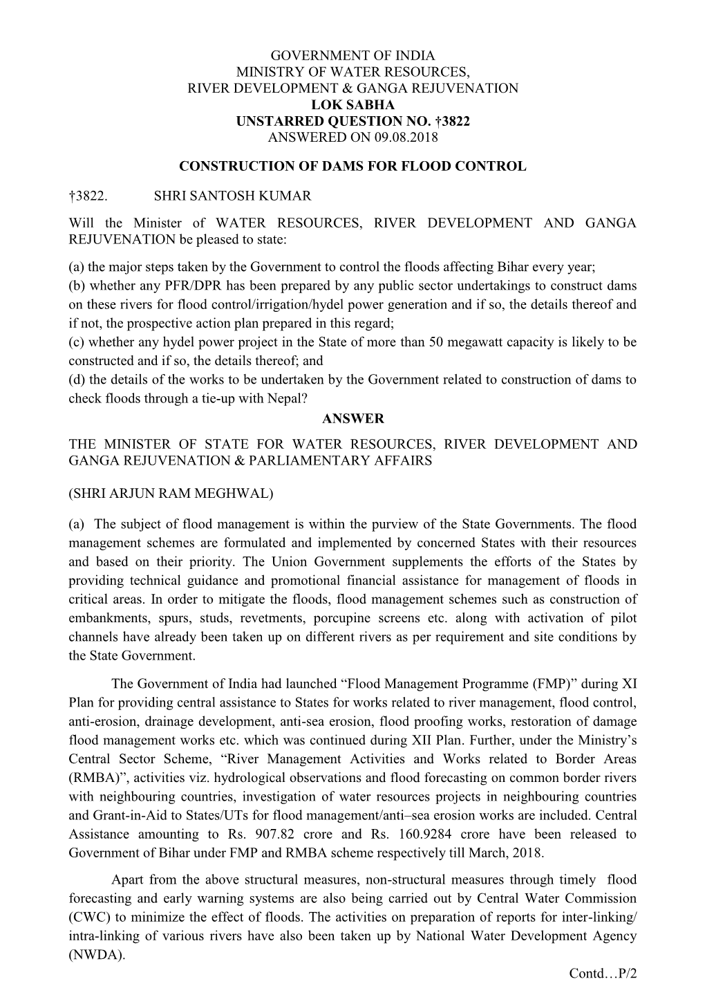 Government of India Ministry of Water Resources, River Development & Ganga Rejuvenation Lok Sabha Unstarred Question No