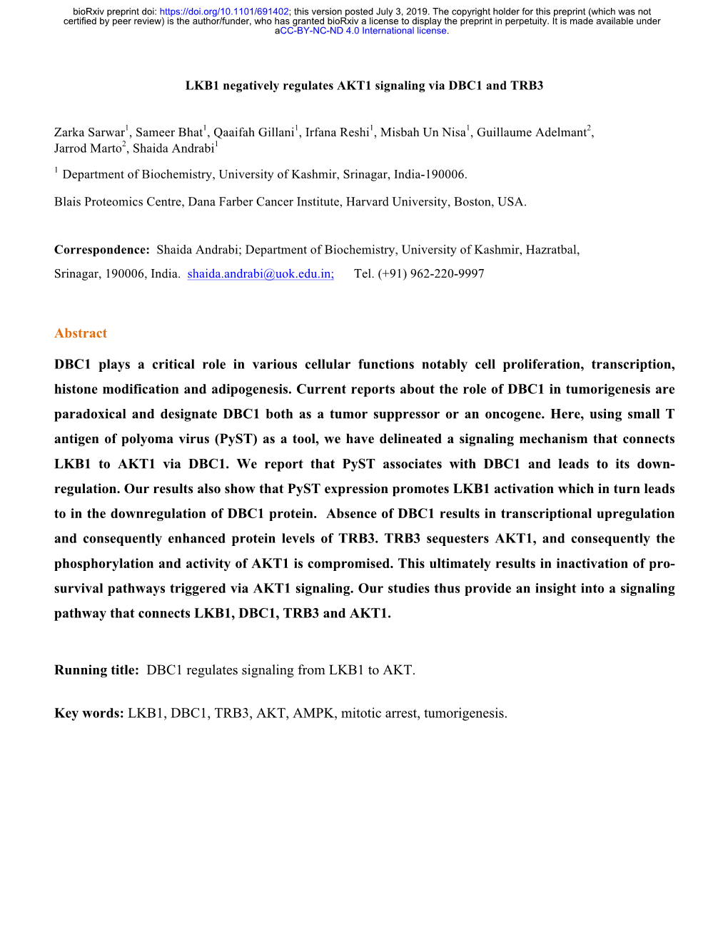 LKB1 Negatively Regulates AKT1 Signaling Via DBC1 and TRB3