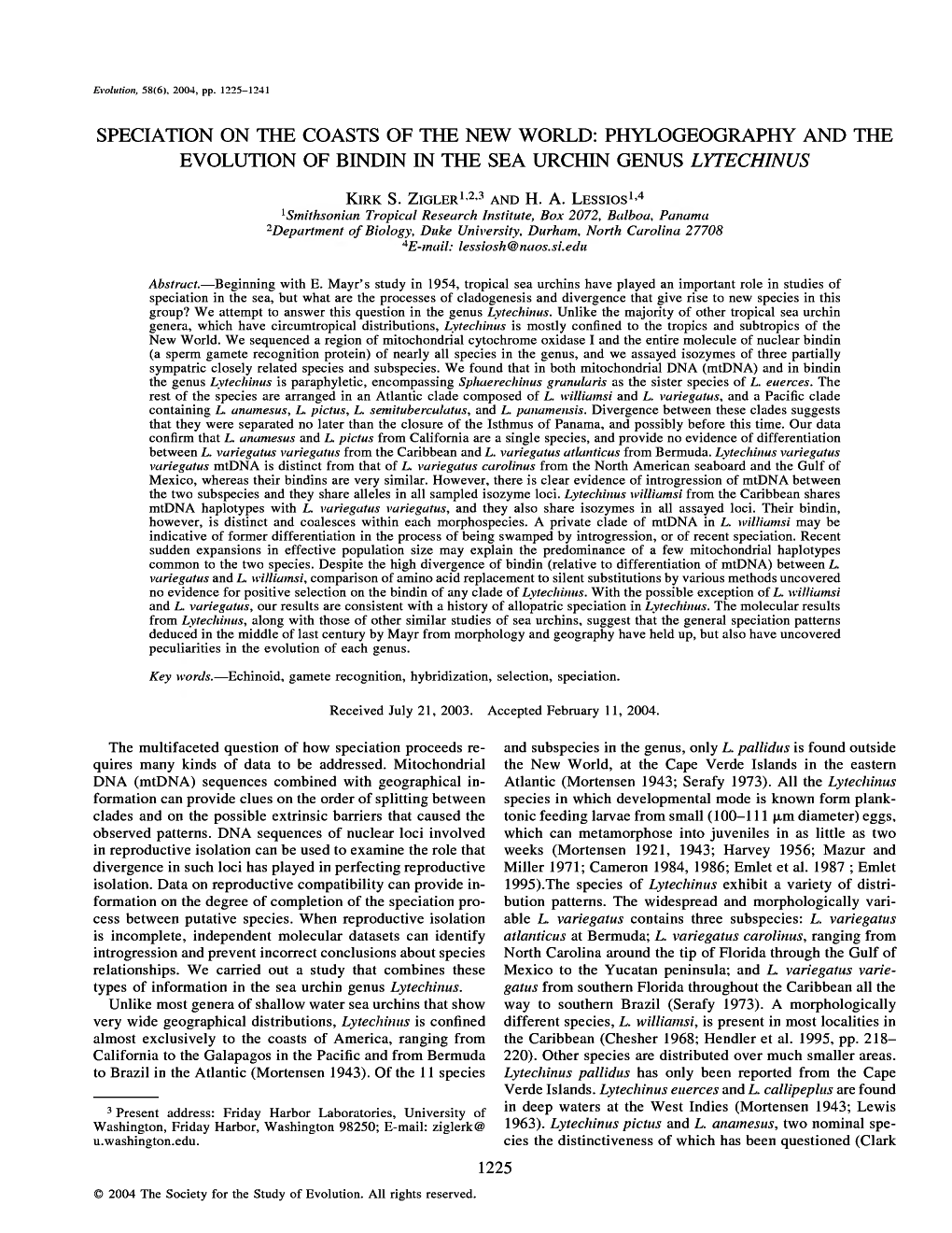 Phylogeography and the Evolution of Bindin in the Sea Urchin Genus Lytechinus