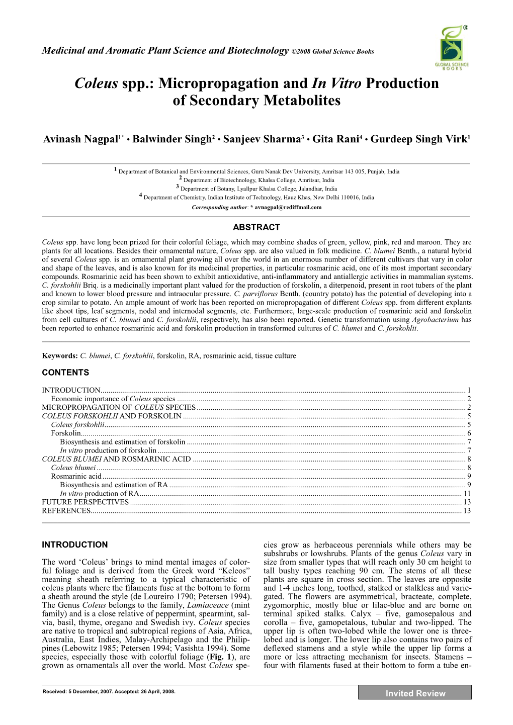 Coleus Spp.: Micropropagation and in Vitro Production of Secondary Metabolites