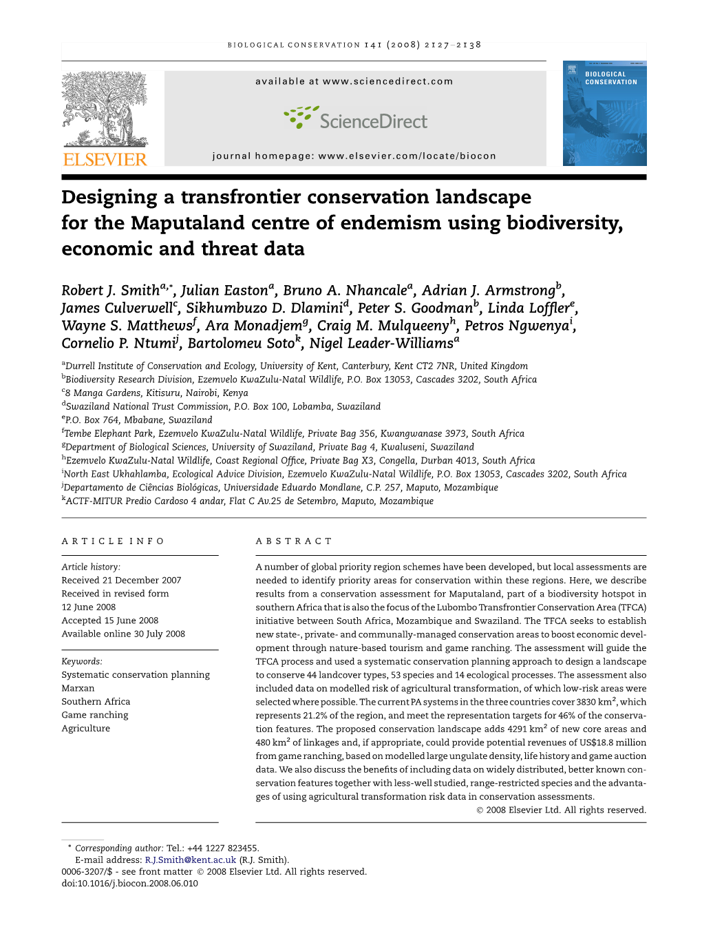 Designing a Transfrontier Conservation Landscape for the Maputaland Centre of Endemism Using Biodiversity, Economic and Threat Data