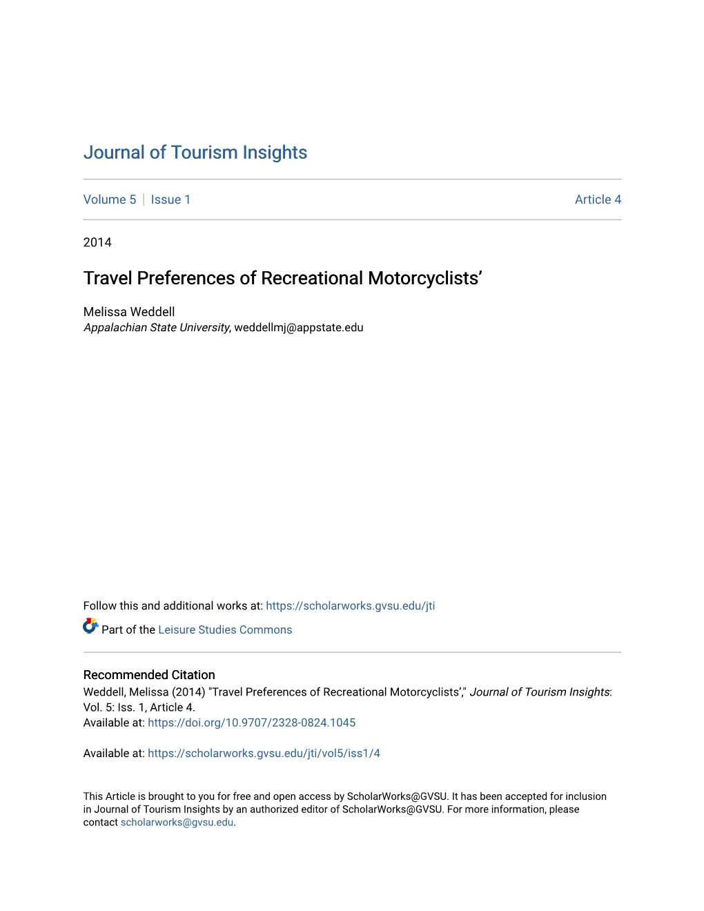 Travel Preferences of Recreational Motorcyclists'