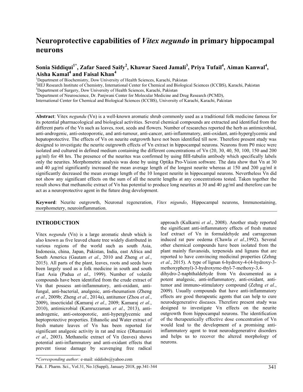 Neuroprotective Capabilities of Vitex Negundo in Primary Hippocampal Neurons