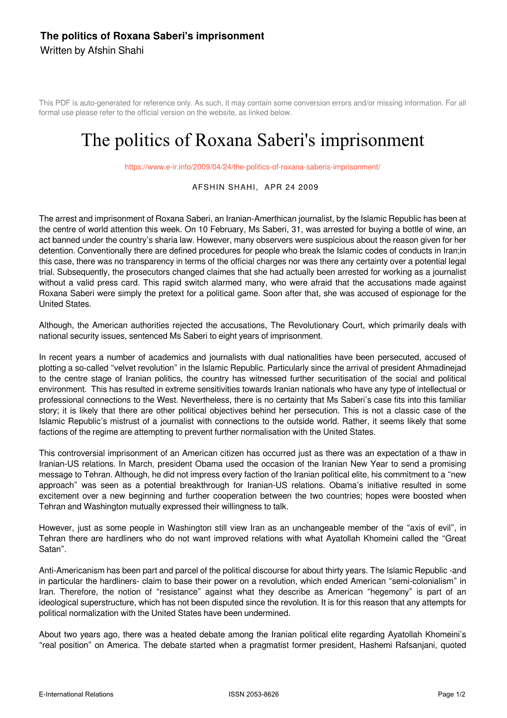 The Politics of Roxana Saberi's Imprisonment Written by Afshin Shahi