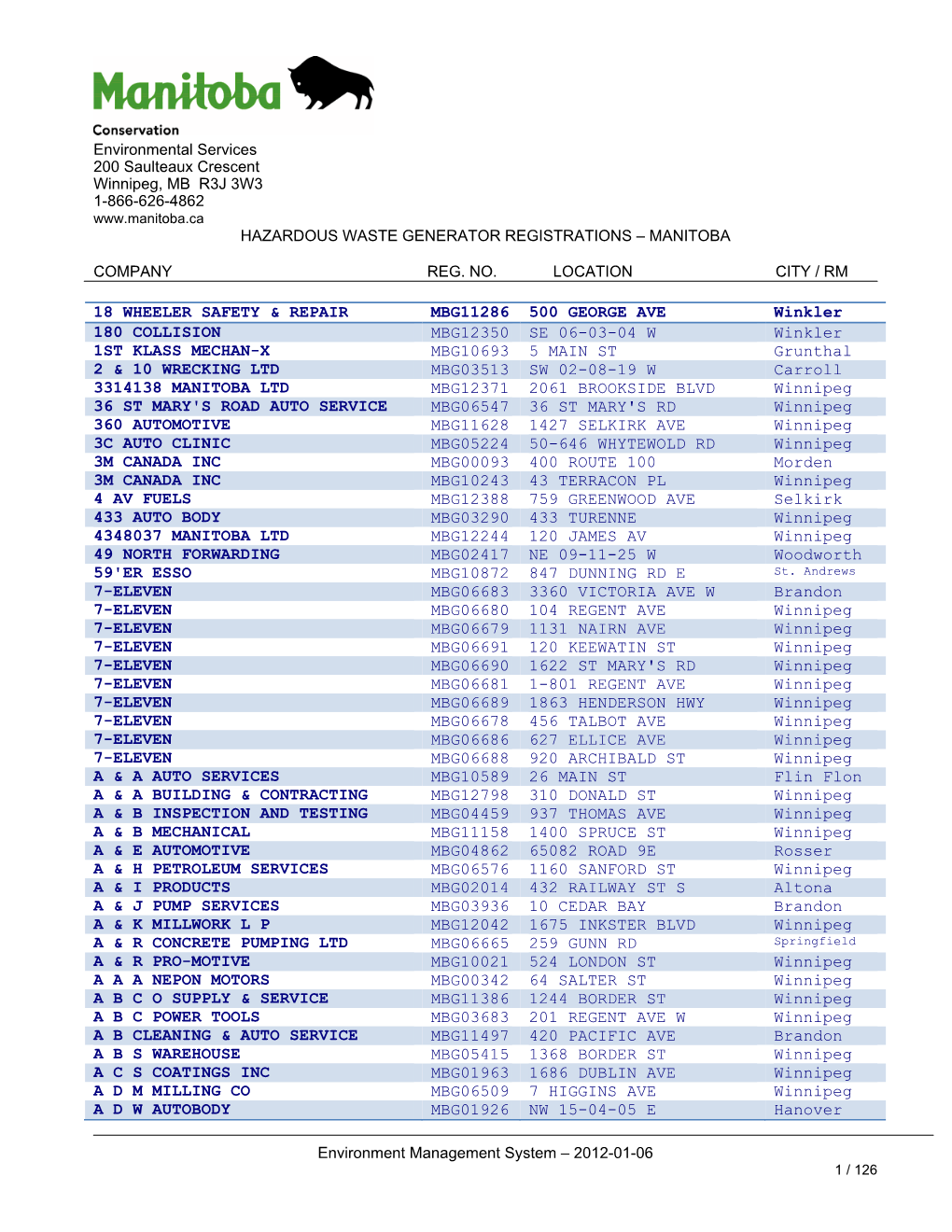 Environmental Services 200 Saulteaux Crescent Winnipeg, MB R3J 3W3 1-866-626-4862 HAZARDOUS WASTE GENERATOR REGISTRATIONS – MANITOBA