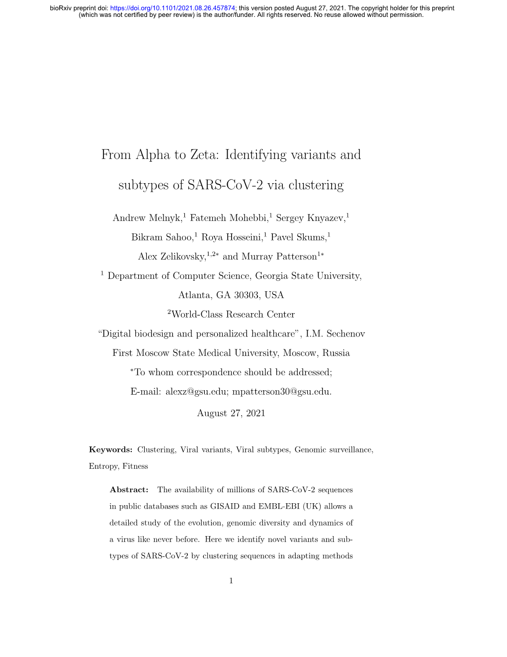 Identifying Variants and Subtypes of SARS-Cov-2 Via Clustering