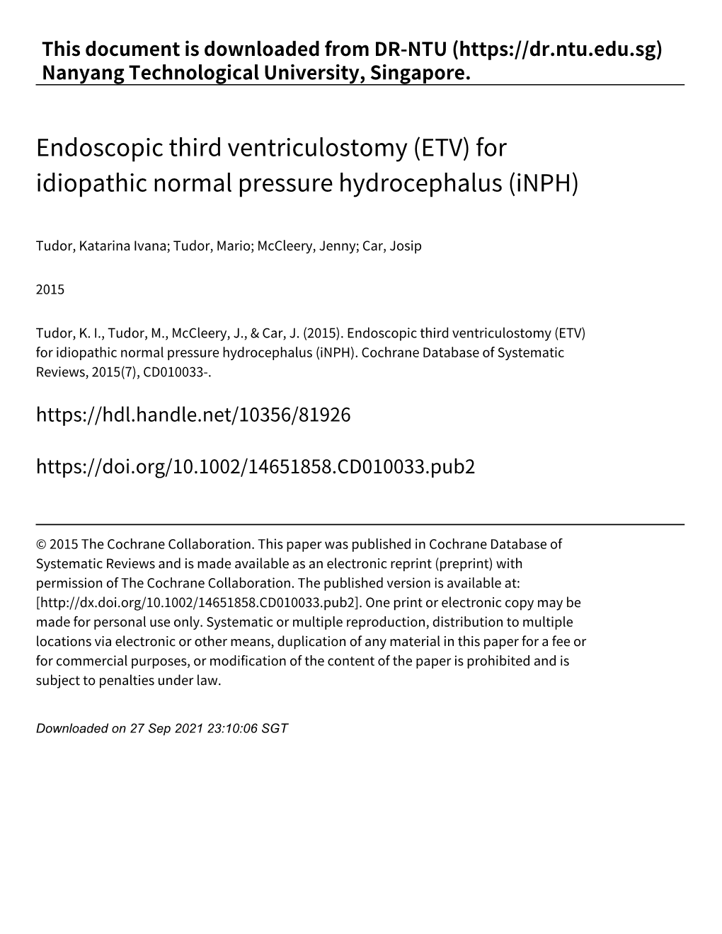 ETV) for Idiopathic Normal Pressure Hydrocephalus (Inph