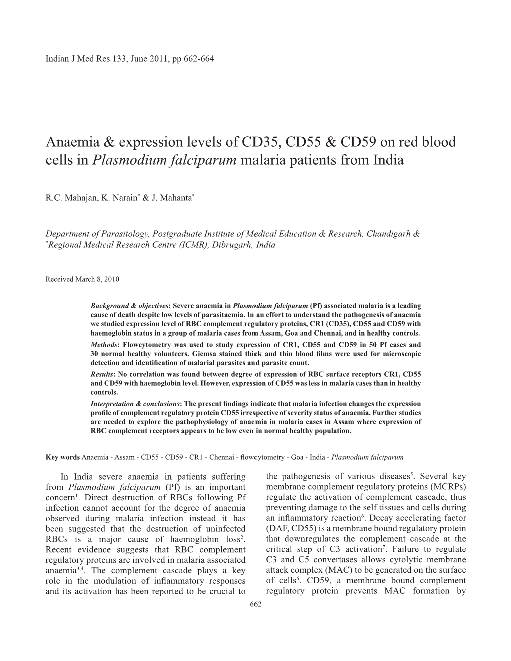 Anaemia & Expression Levels of CD35, CD55 & CD59 on Red Blood Cells in Plasmodium Falciparum Malaria Patients from India