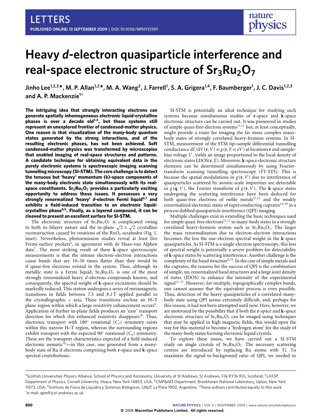 Heavy D-Electron Quasiparticle Interference and Real-Space Electronic Structure of Sr3ru2o7 Jinho Lee1,2,3*, M