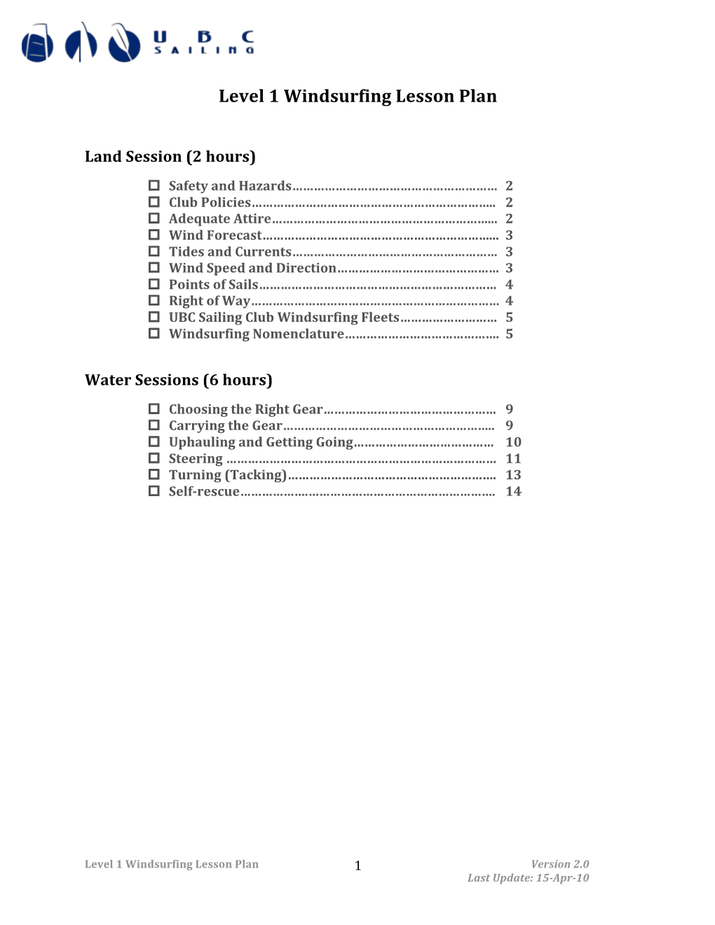 Level 1 Windsurfing Lesson Plan