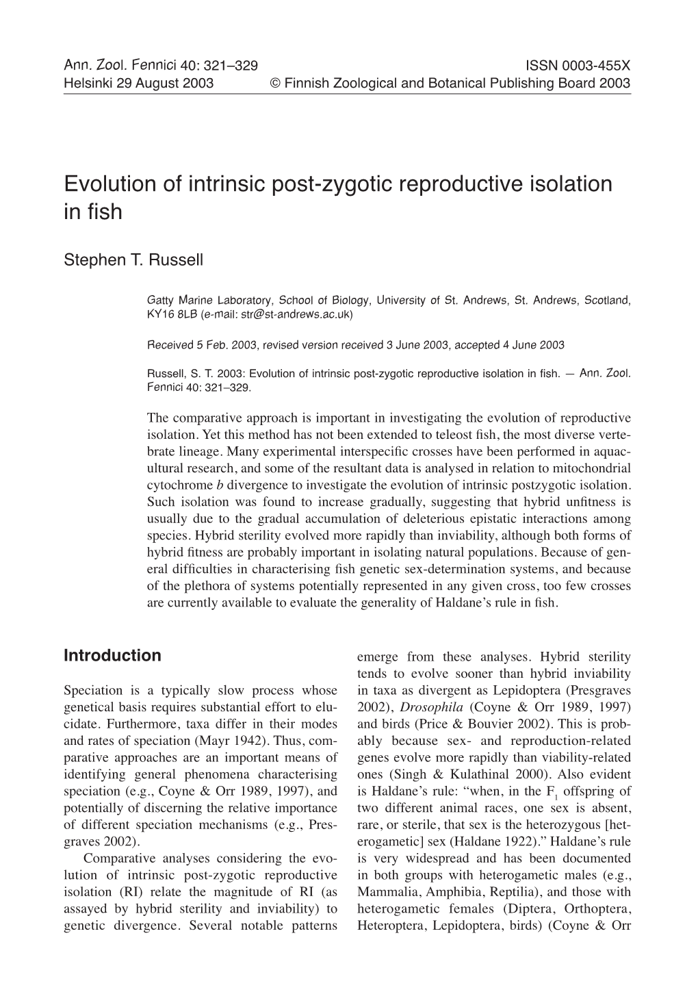Evolution of Intrinsic Post-Zygotic Reproductive Isolation in Fish