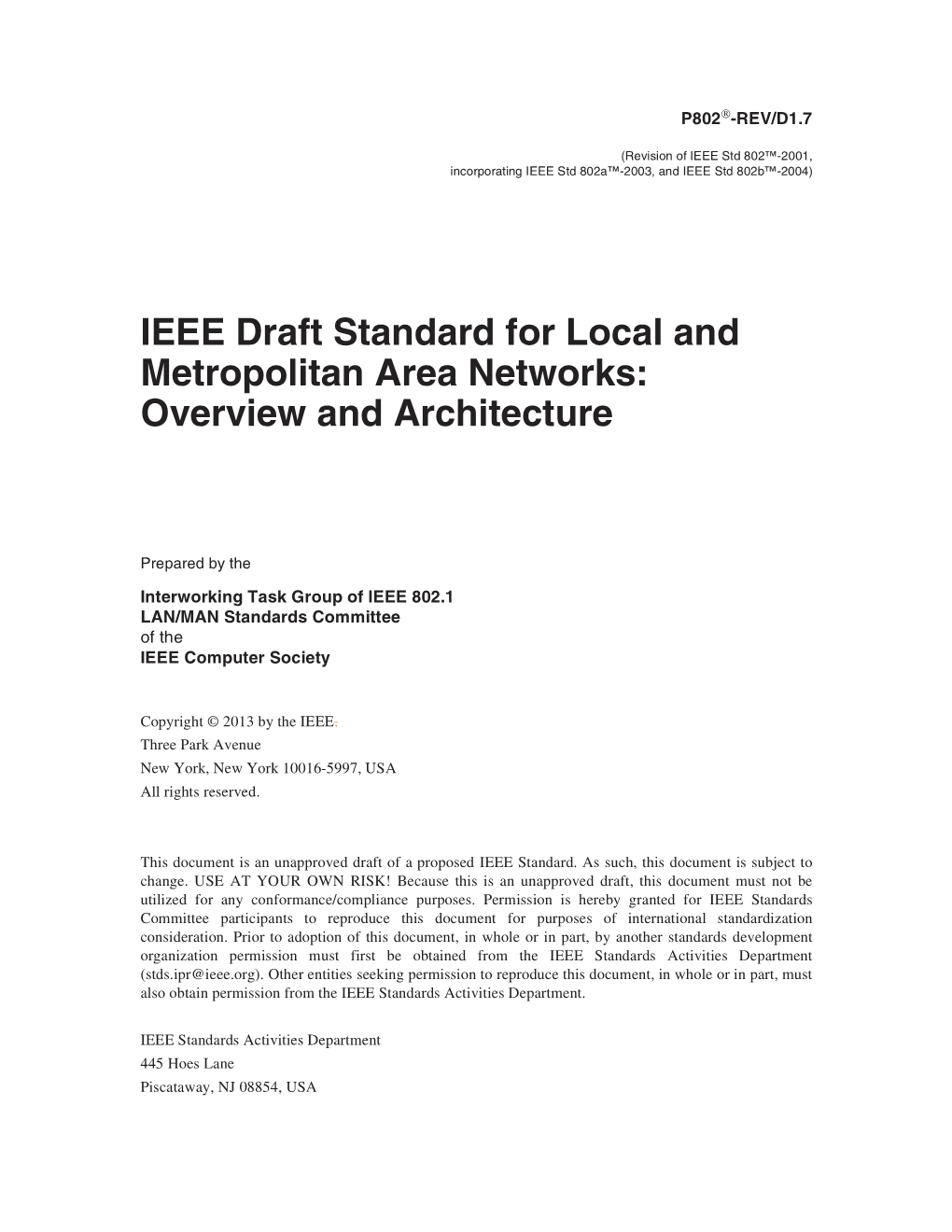 IEEE Draft Standard for Local and Metropolitan Area Networks: Overview and Architecture