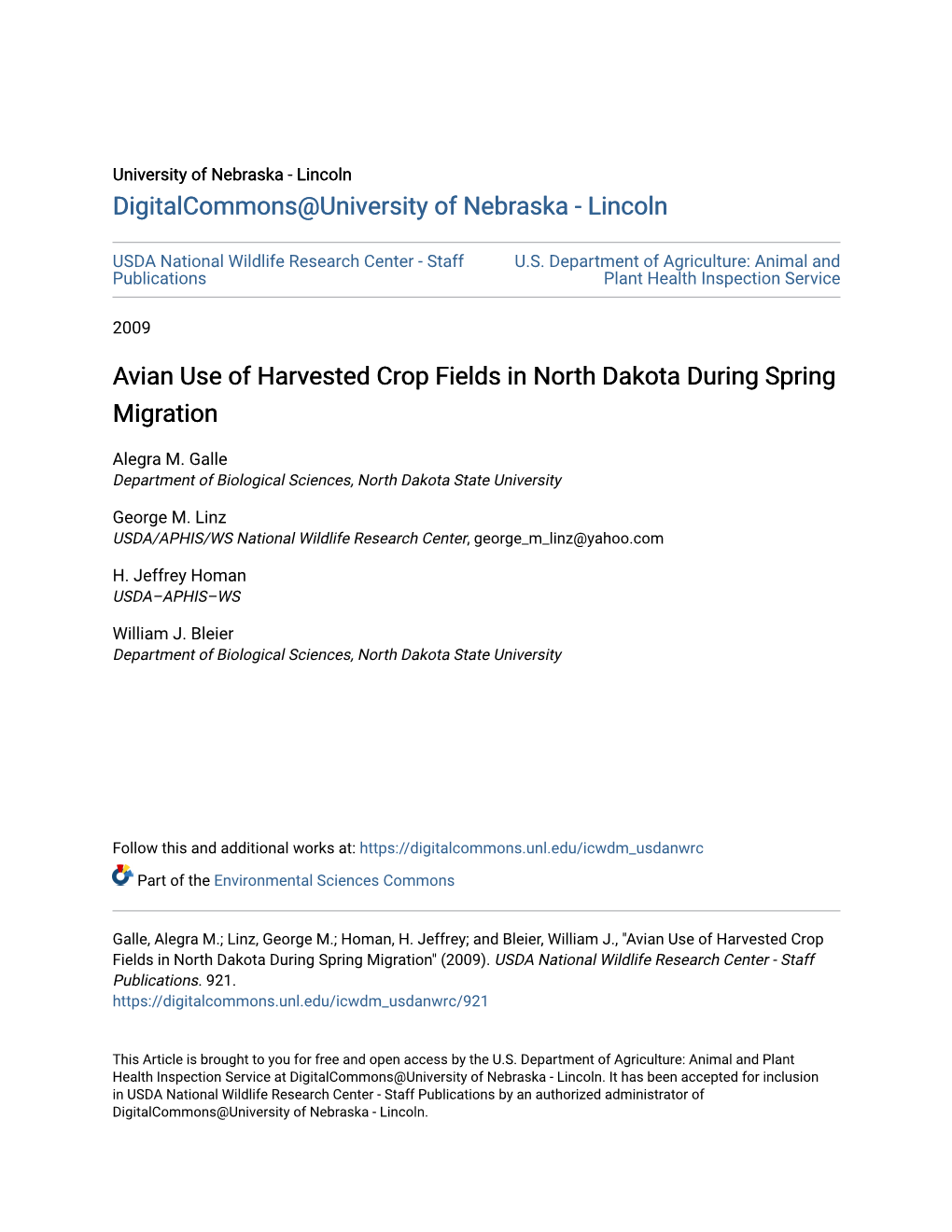 Avian Use of Harvested Crop Fields in North Dakota During Spring Migration