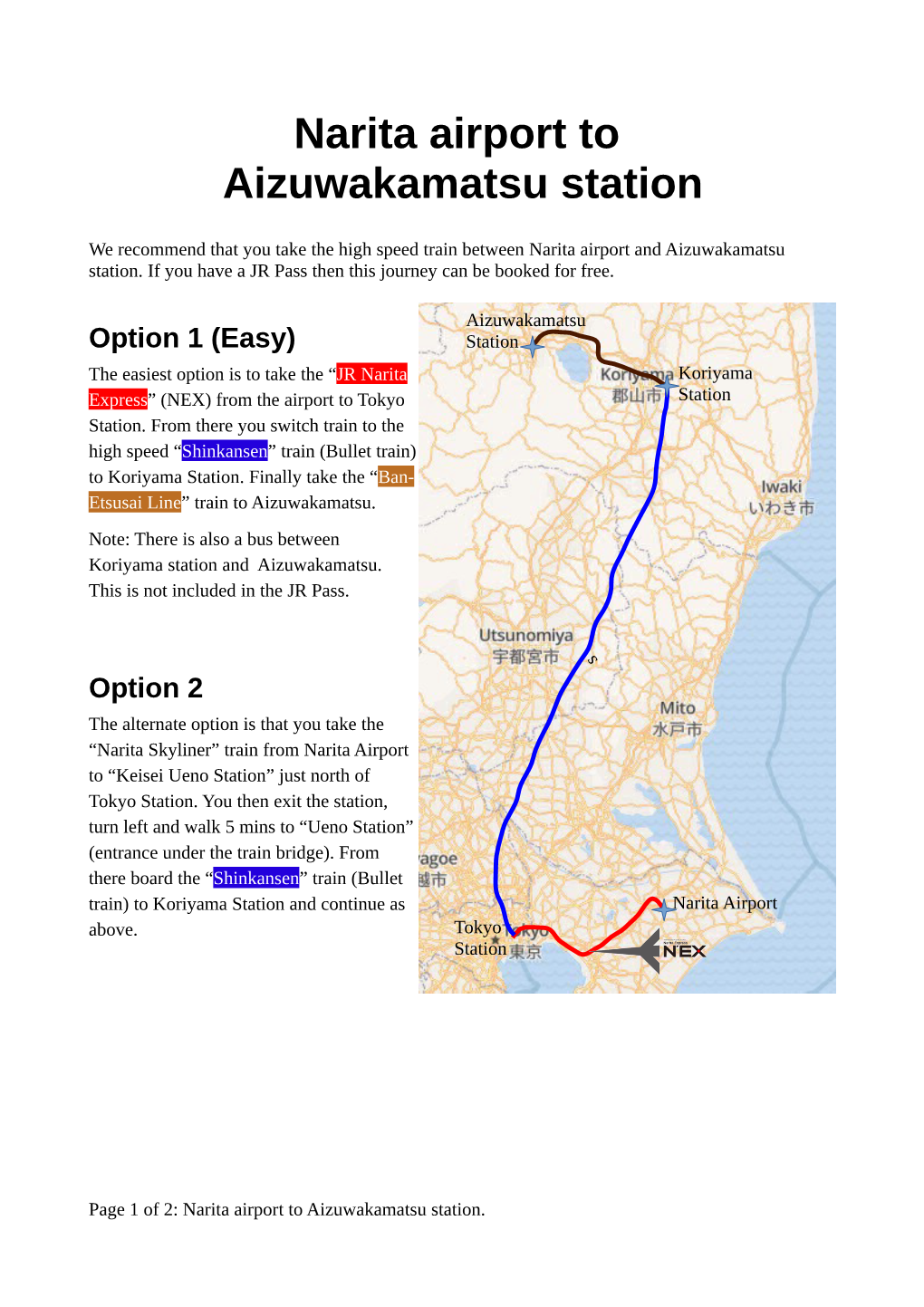 Narita Airport to Aizuwakamatsu Station