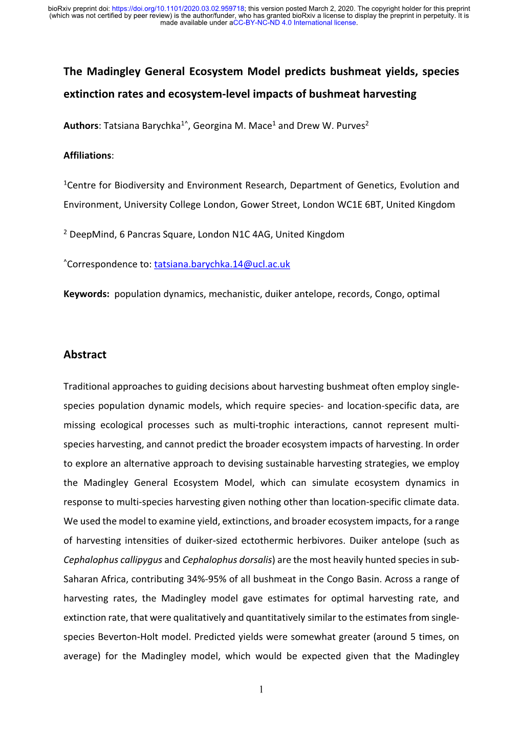 The Madingley General Ecosystem Model Predicts Bushmeat Yields, Species Extinction Rates and Ecosystem-Level Impacts of Bushmeat Harvesting