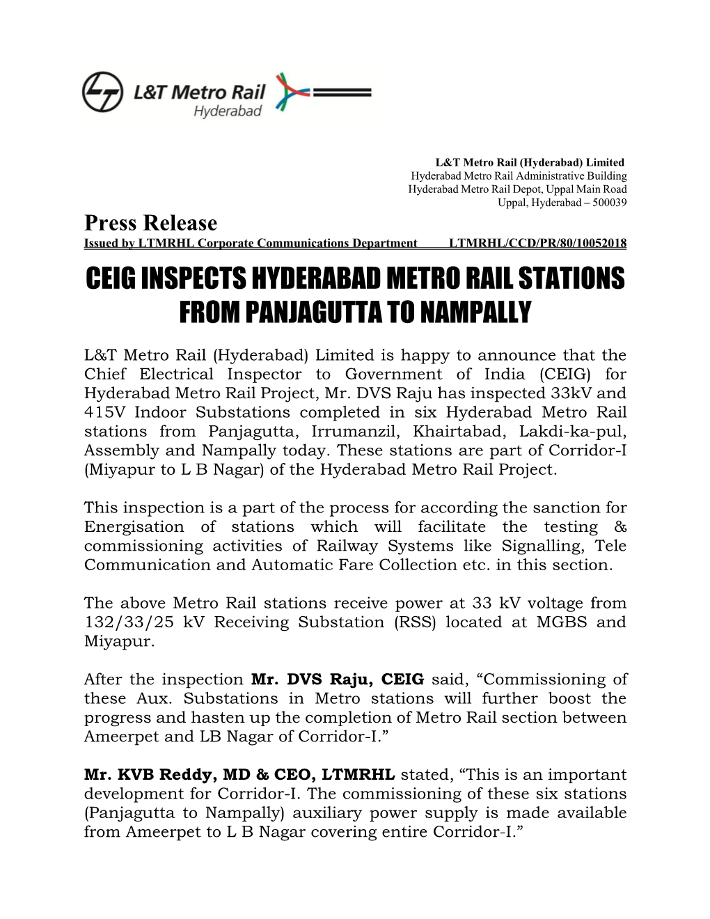 Ceig Inspects Hyderabad Metro Rail Stations from Panjagutta to Nampally