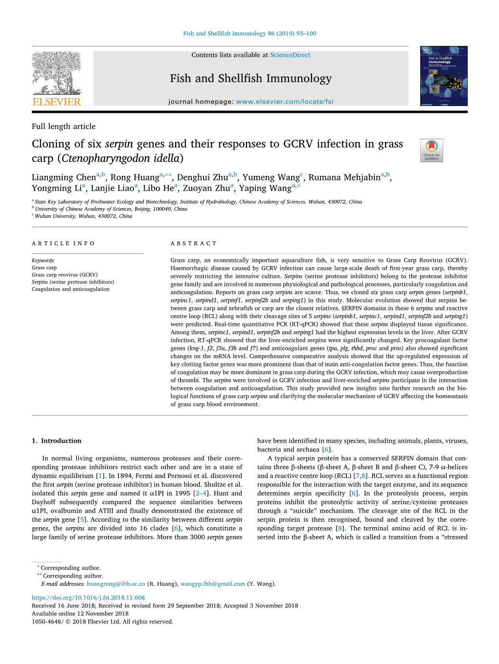 Cloning of Six Serpin Genes and Their Responses to GCRV Infection In