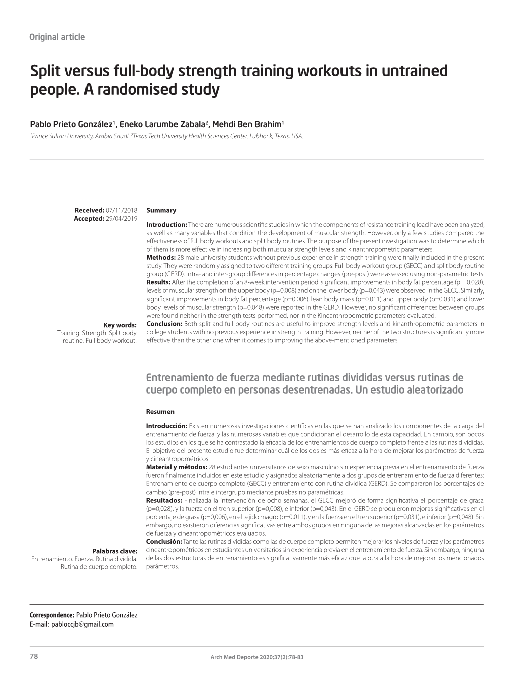 Split Versus Full-Body Strength Training Workouts in Untrained People. a Randomised Study