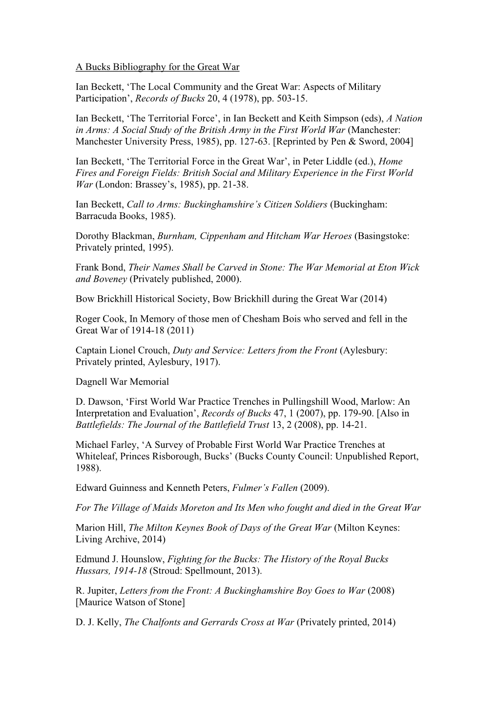 A Bucks Bibliography for the Great War Ian Beckett, ‘The Local Community and the Great War: Aspects of Military Participation’, Records of Bucks 20, 4 (1978), Pp