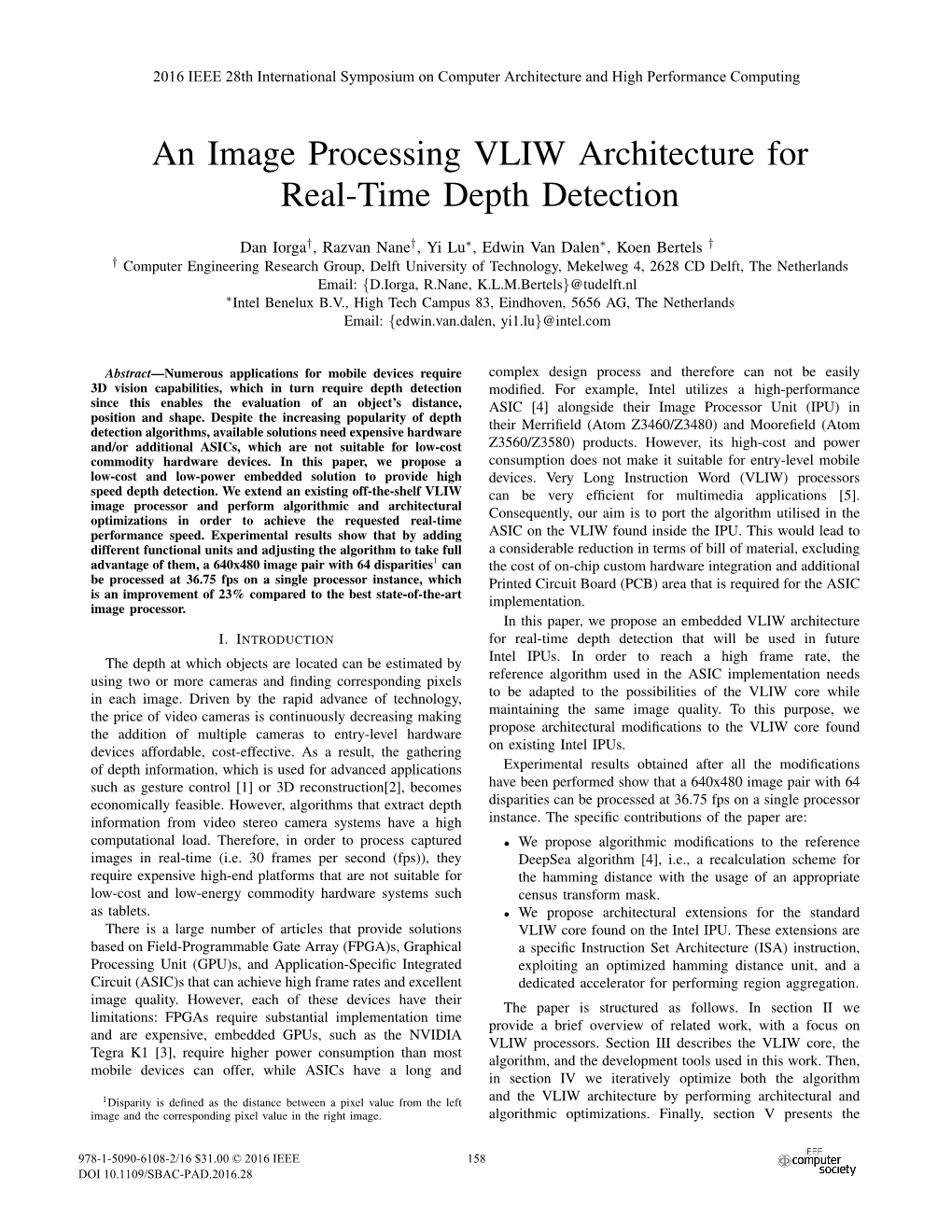 An Image Processing VLIW Architecture for Real-Time Depth Detection