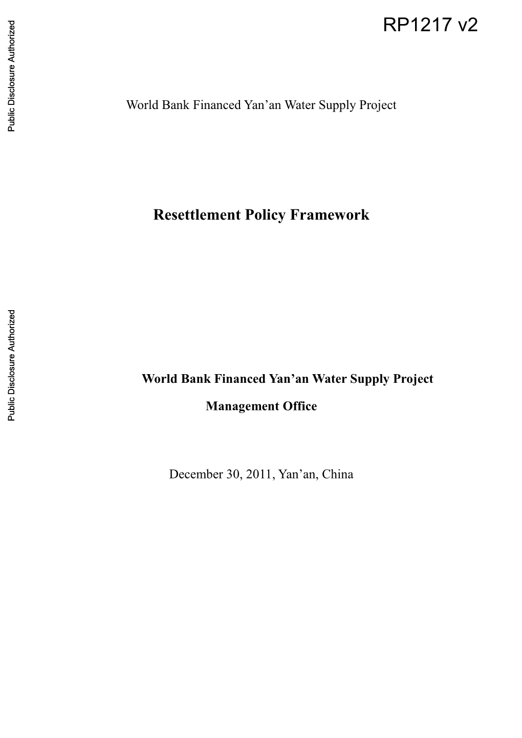 Resettlement Policy Framework World Bank
