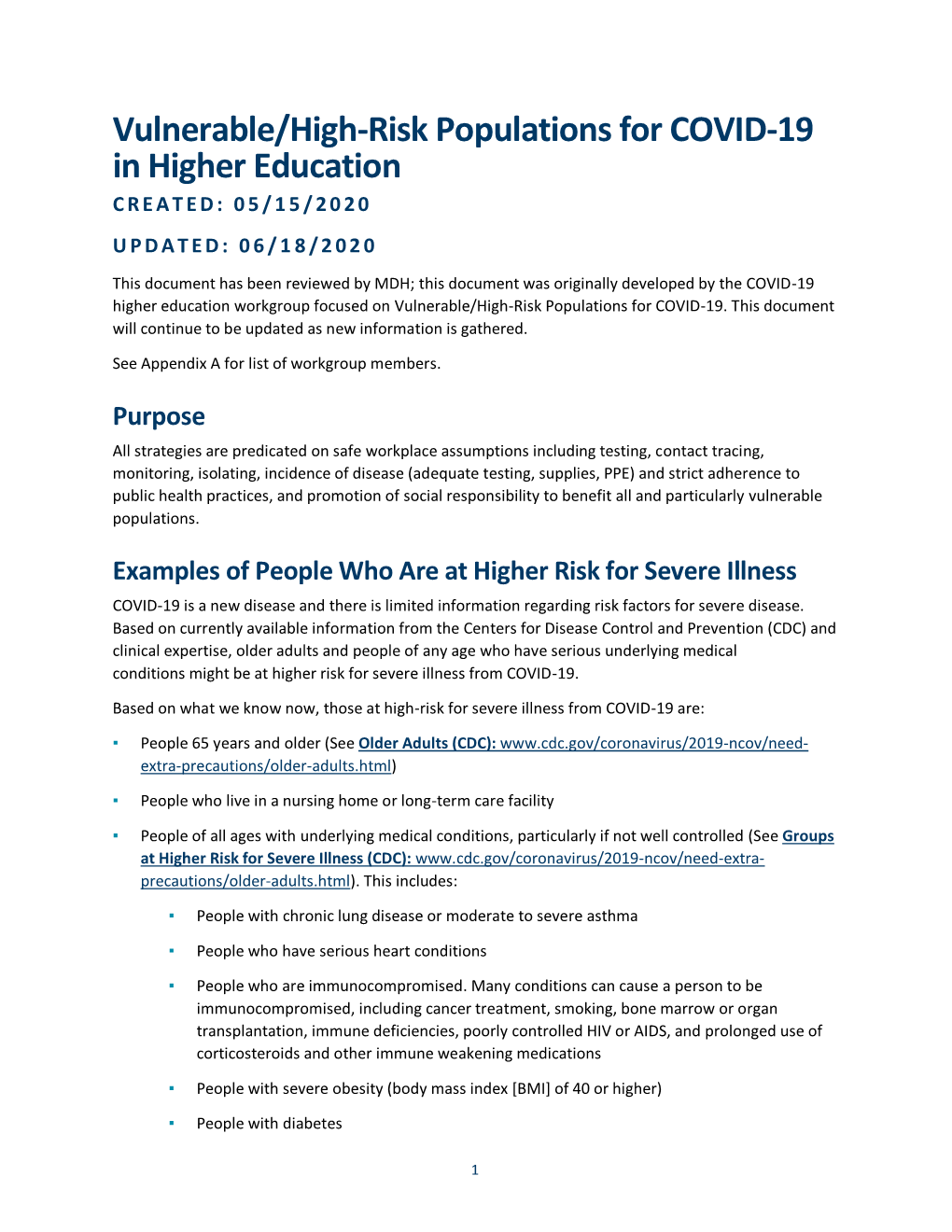 Vulnerable/High-Risk Populations for COVID-19 in Higher Education CREATED: 05/15/2020 UPDATED: 06/1 8 /2 0 2 0