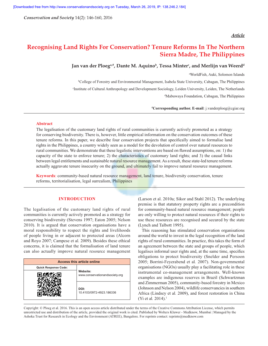 Recognising Land Rights for Conservation? Tenure Reforms in the Northern Sierra Madre, the Philippines