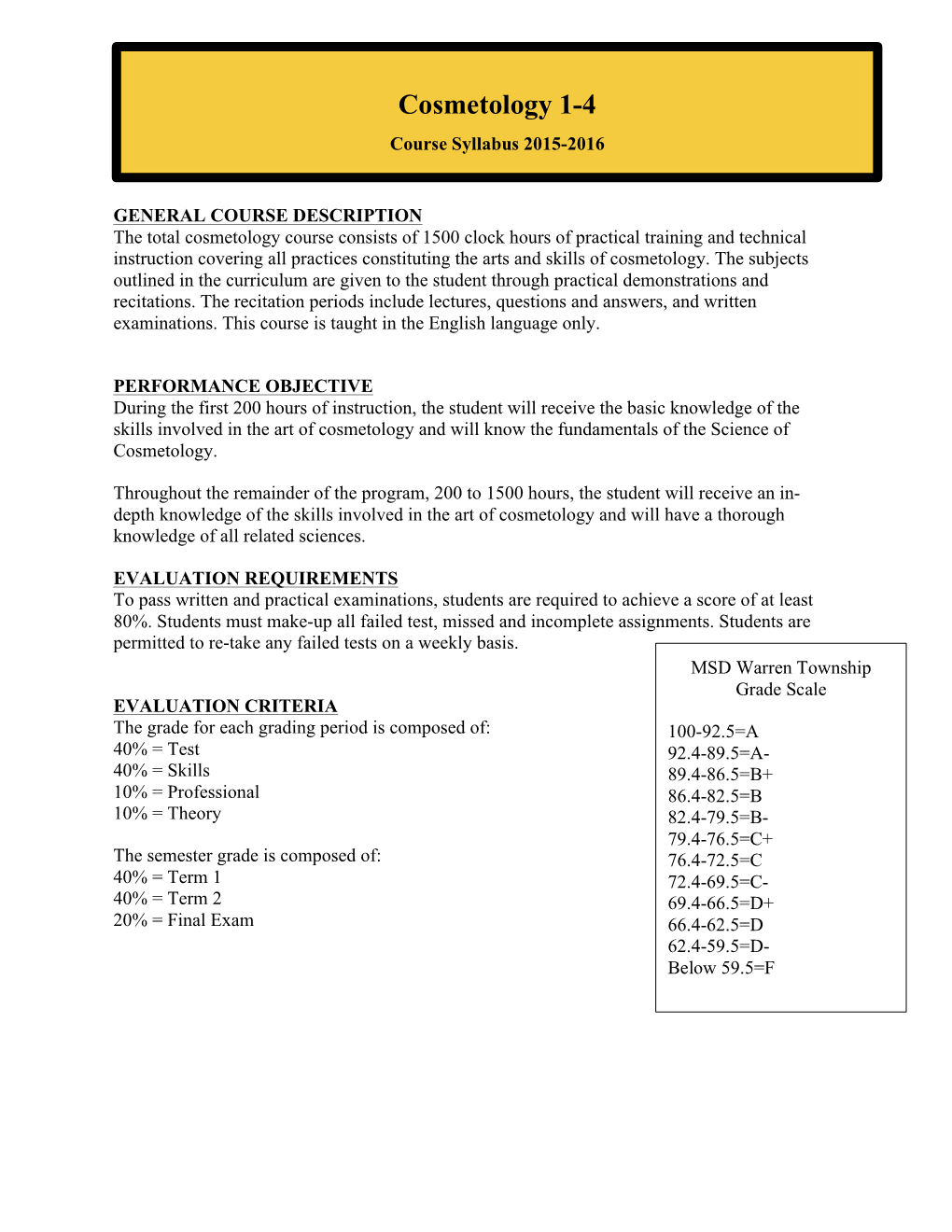 Cosmetology 1-4 Course Syllabus 2015-2016