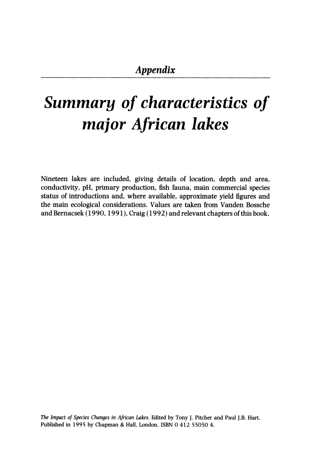 Summary of Characteristics of Major African Lakes