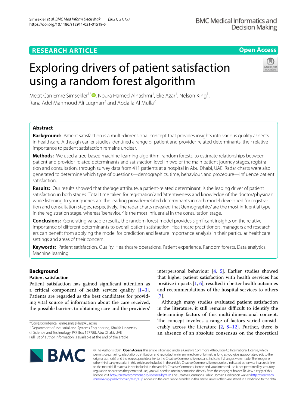 Exploring Drivers of Patient Satisfaction Using a Random Forest Algorithm